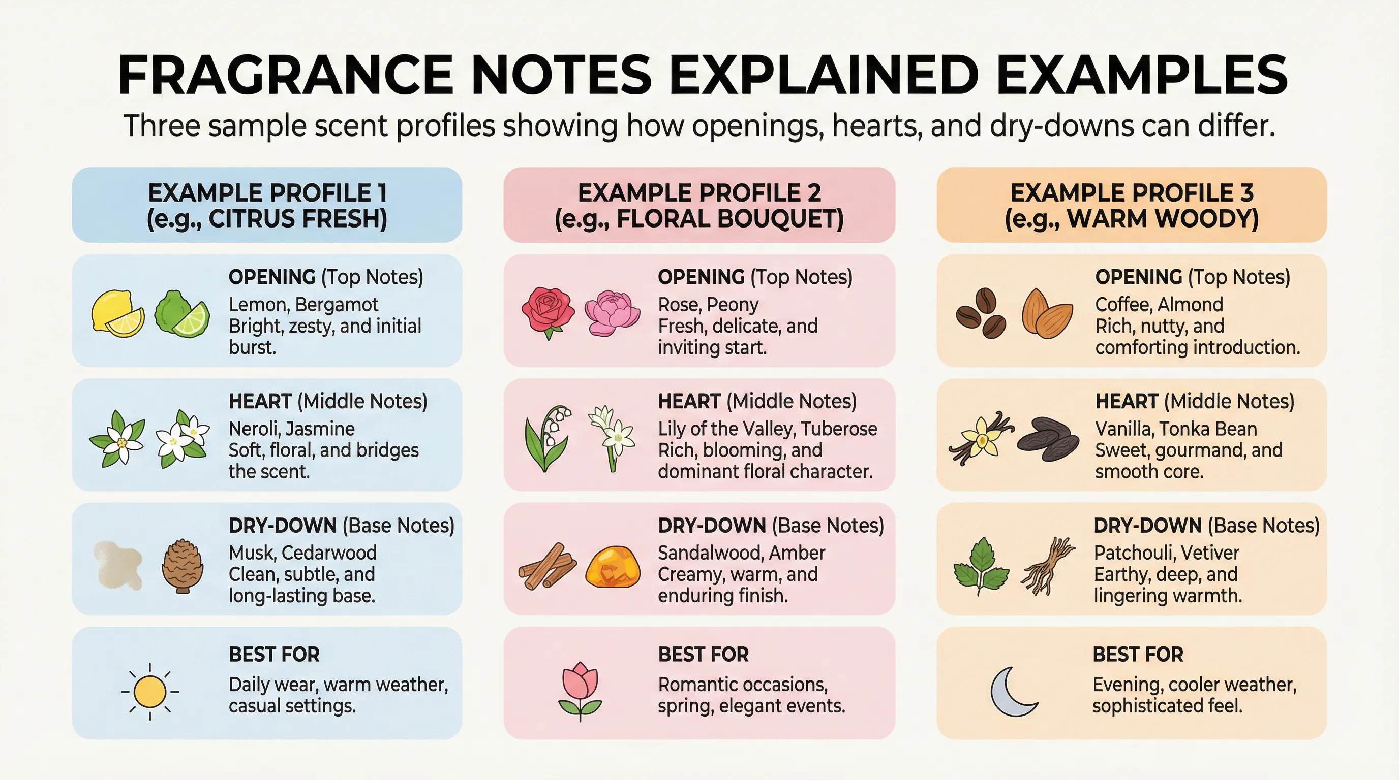 fragrance notes explained comparison strip showing named fragrance examples from opening to dry down