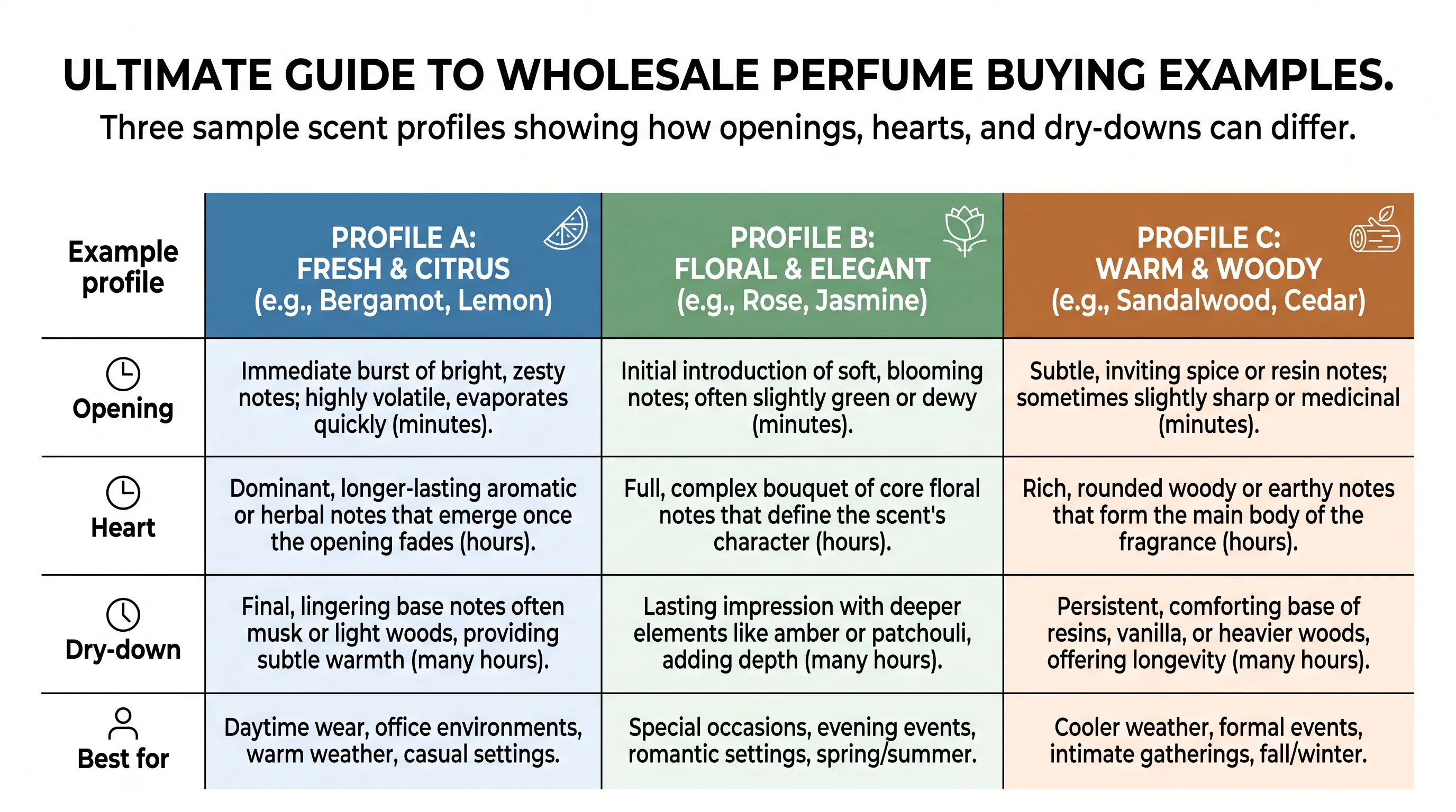 ultimate guide to wholesale perfume buying comparison strip showing named fragrance examples from opening to dry down
