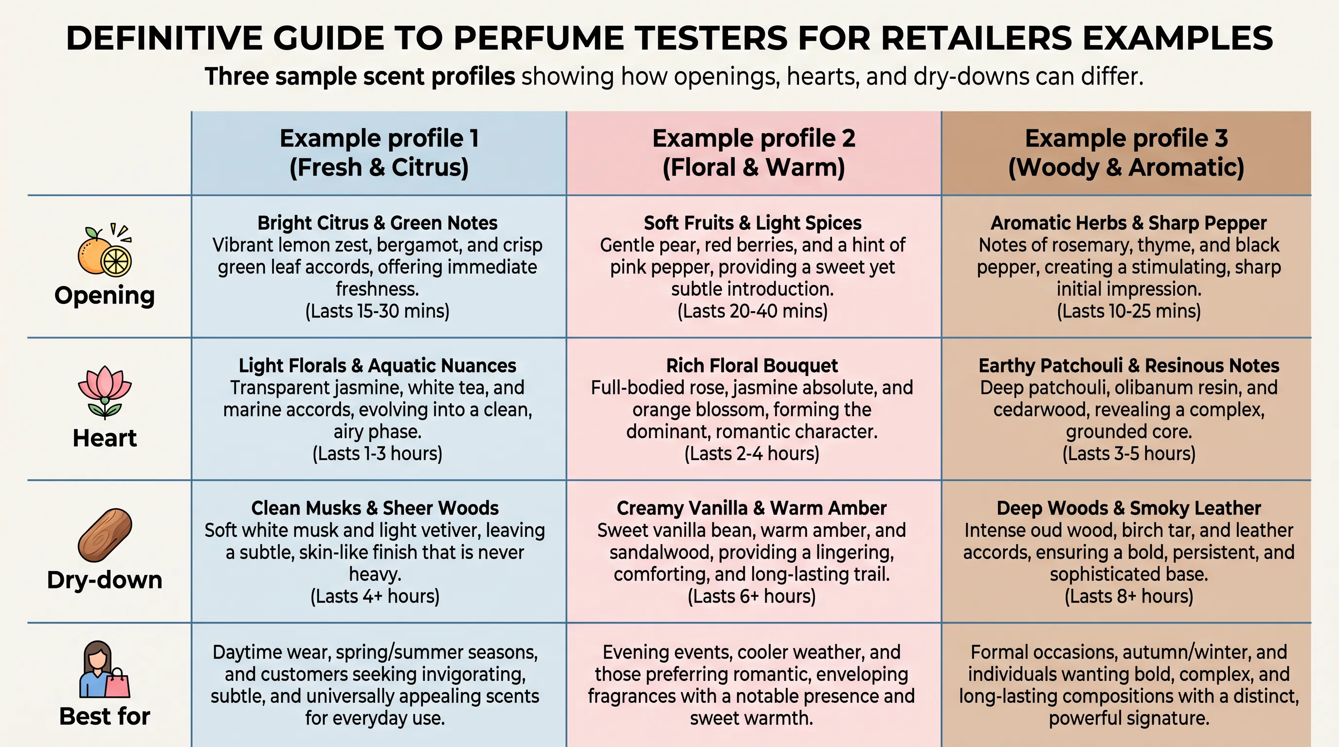 definitive guide to perfume testers for retailers comparison strip showing named fragrance examples from opening to dry down