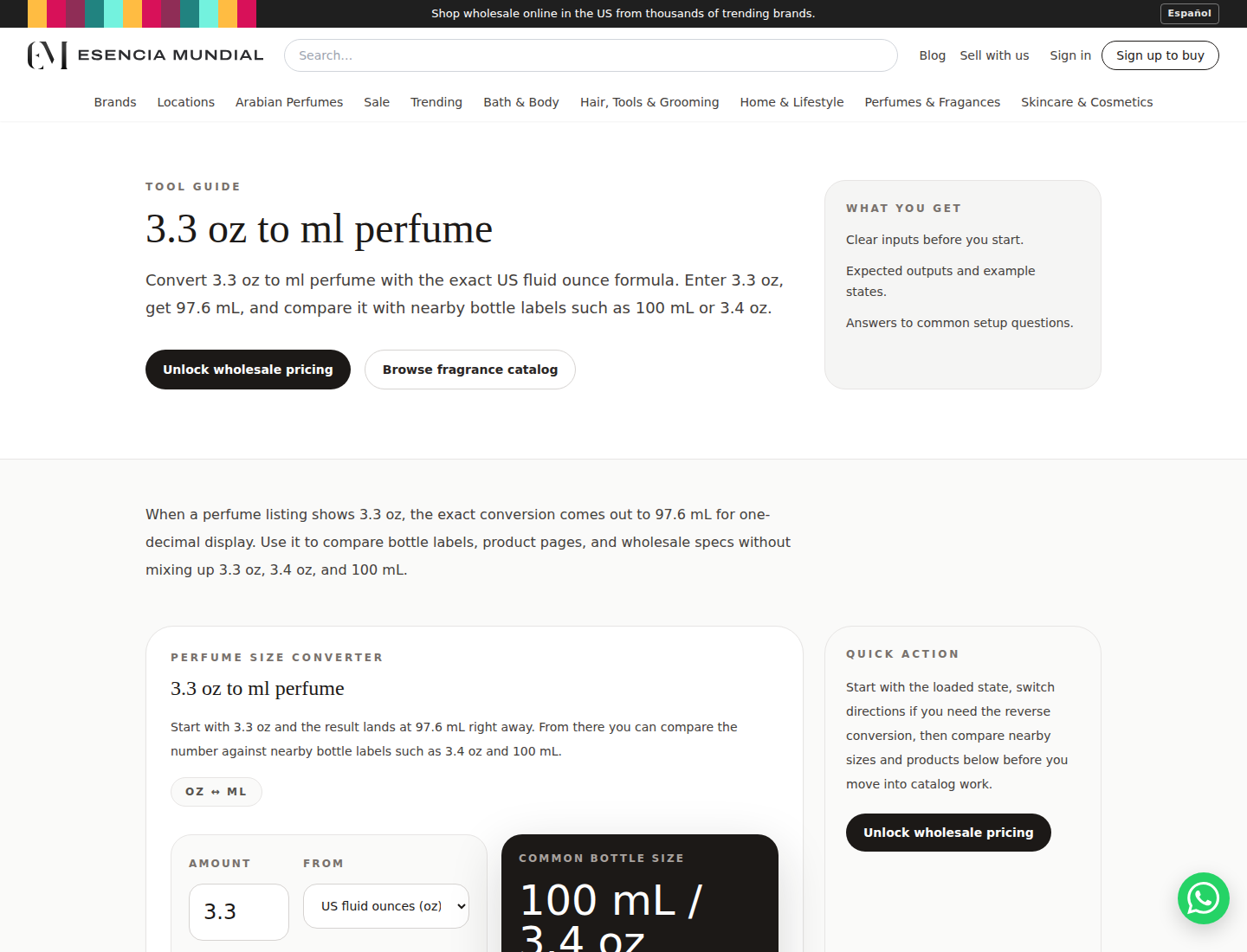 Esencia Mundial perfume size tool screenshot used as the practical next step in perfume categories
