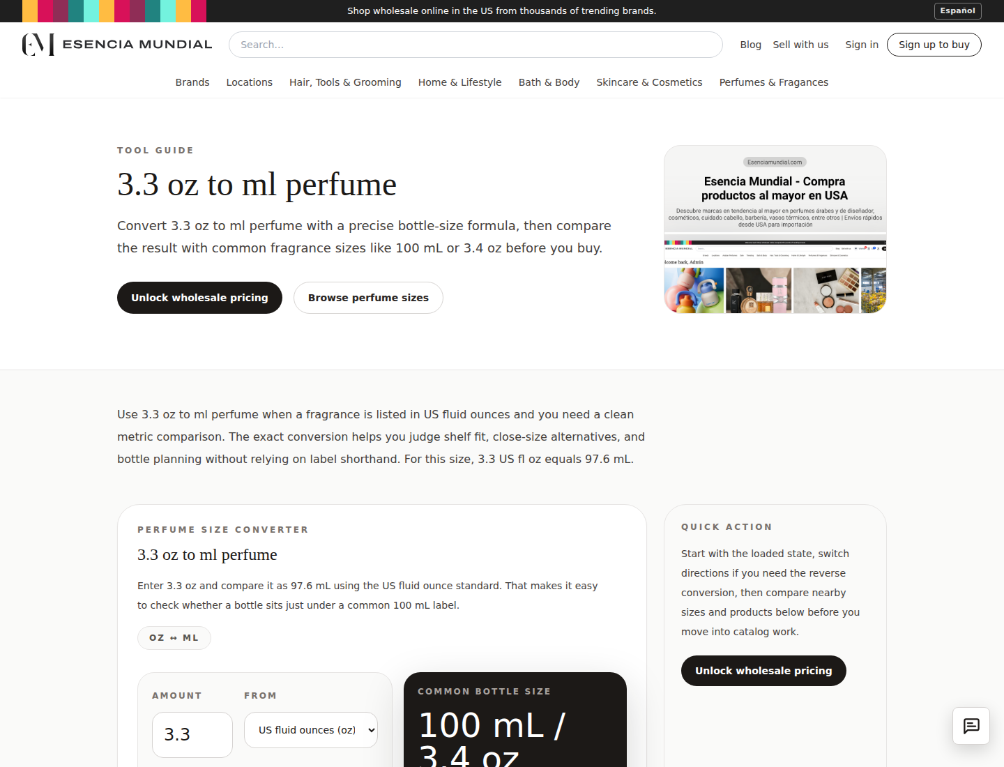 Esencia Mundial perfume size tool screenshot used as the practical next step in ultimate guide to wholesale perfume buying