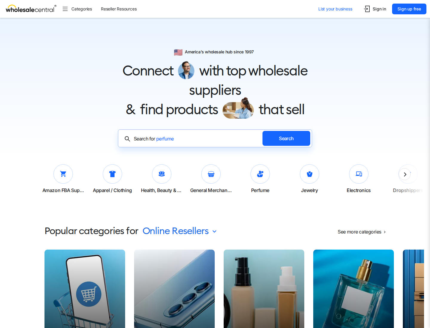 Wholesale Central - Wholesale Products and Suppliers Directory screenshot supporting complete guide to fragrance inventory planning