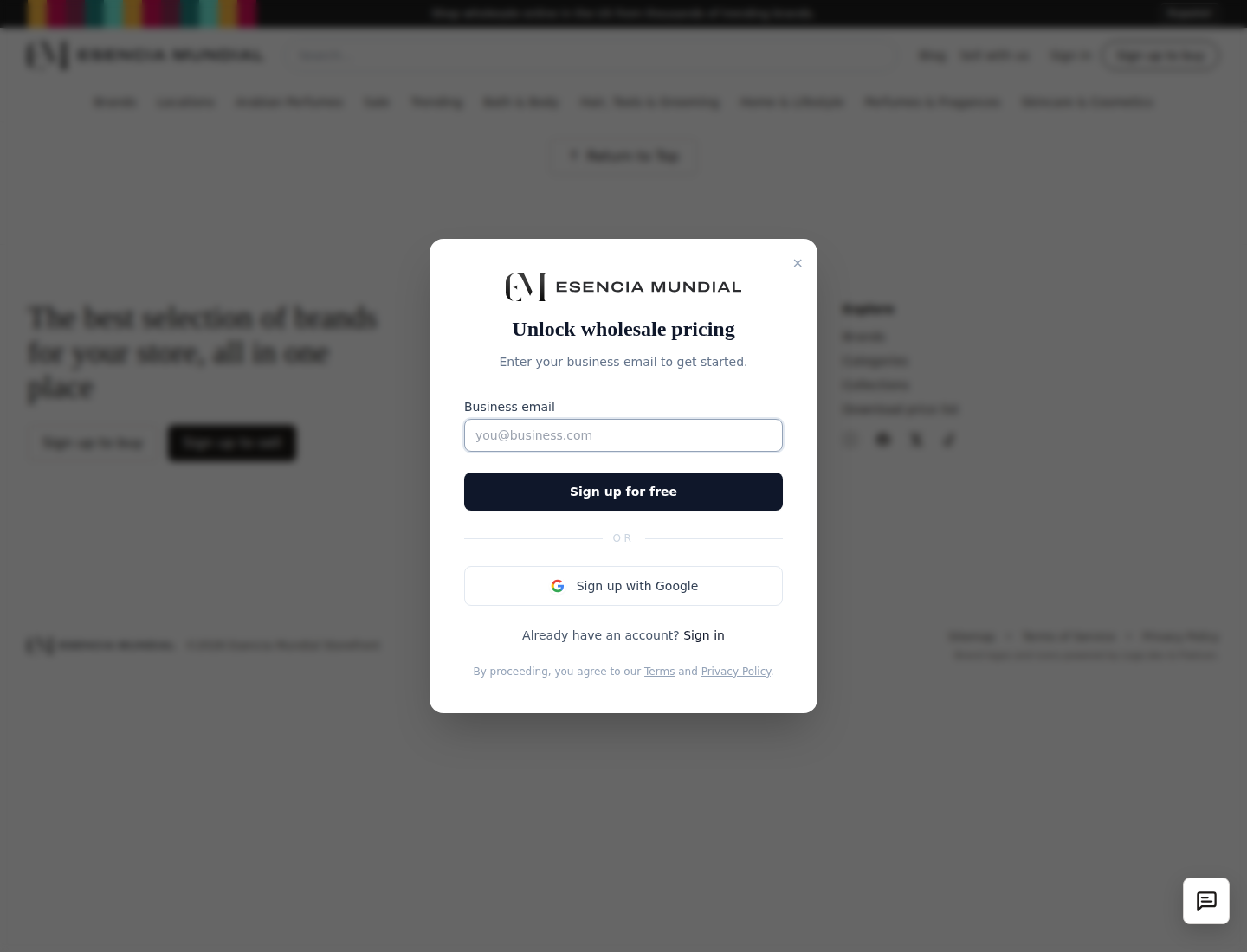 Esencia Mundial wholesale signup and pricing access screen used as the commercial next step in definitive guide to perfume testers for retailers