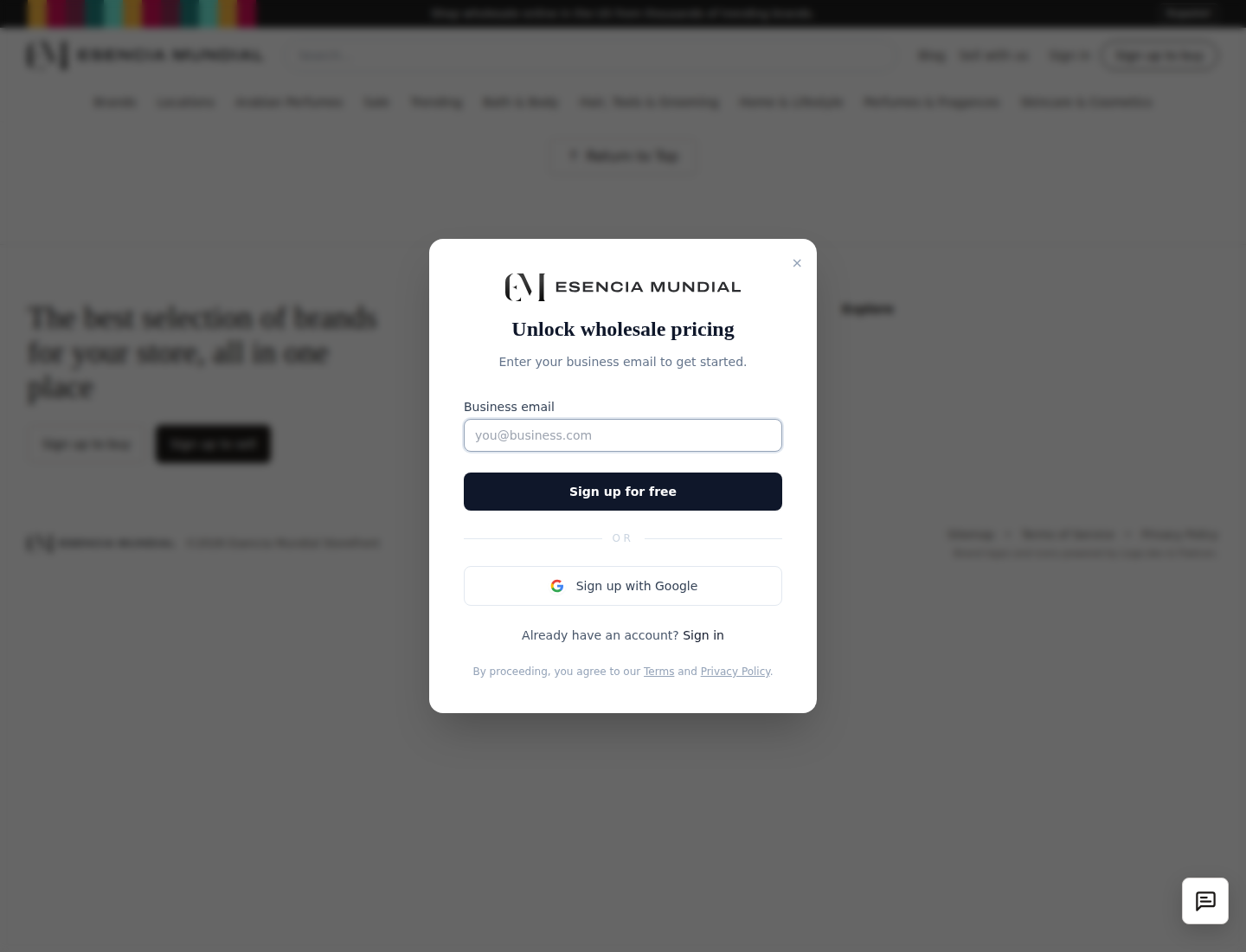 Esencia Mundial wholesale signup and pricing access screen used as the commercial next step in complete guide to fragrance inventory planning