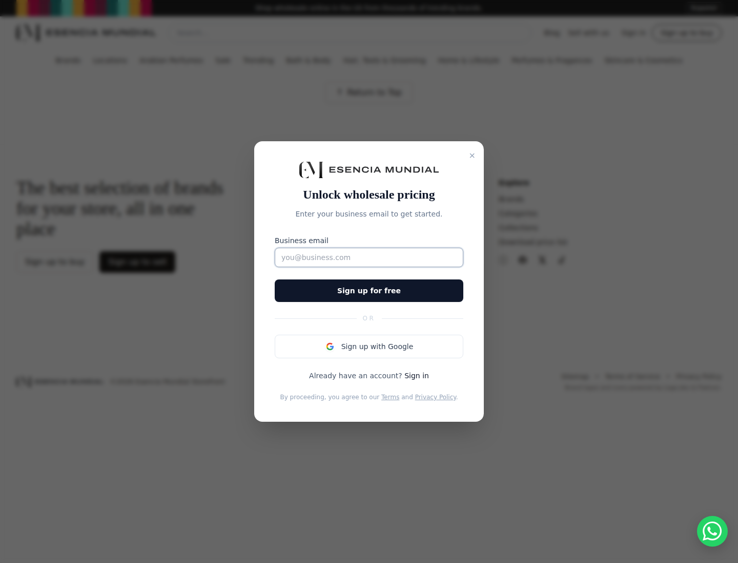 Esencia Mundial wholesale signup and pricing access screen used as the commercial next step in perfume categories