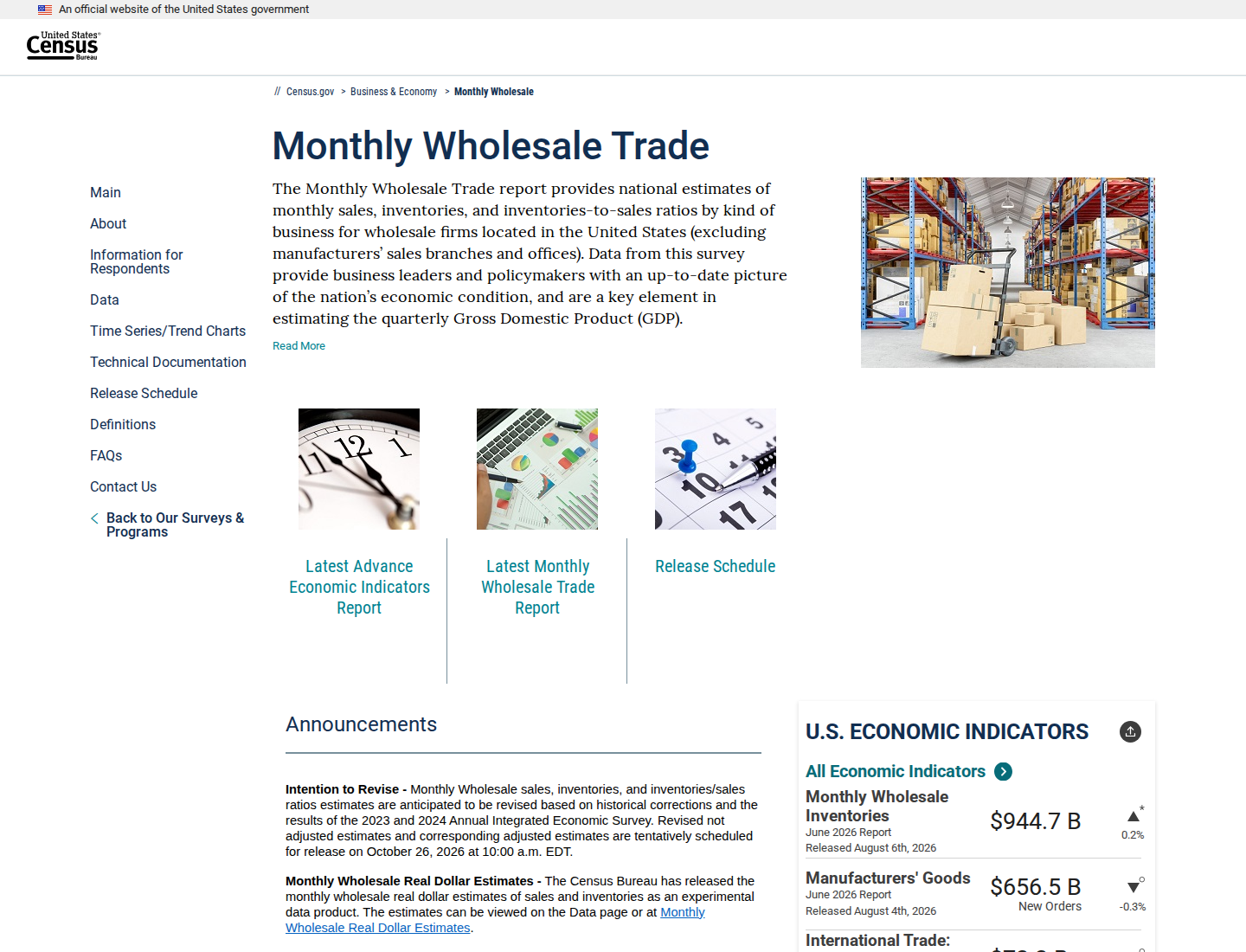 Monthly Wholesale Trade - U.S. Census Bureau screenshot showing how monthly wholesale trade appears in a real product or note interface so the example feels concrete.